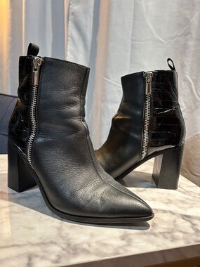 Black Croc Leather Pointed-Toe Ankle Boots with Side Zip